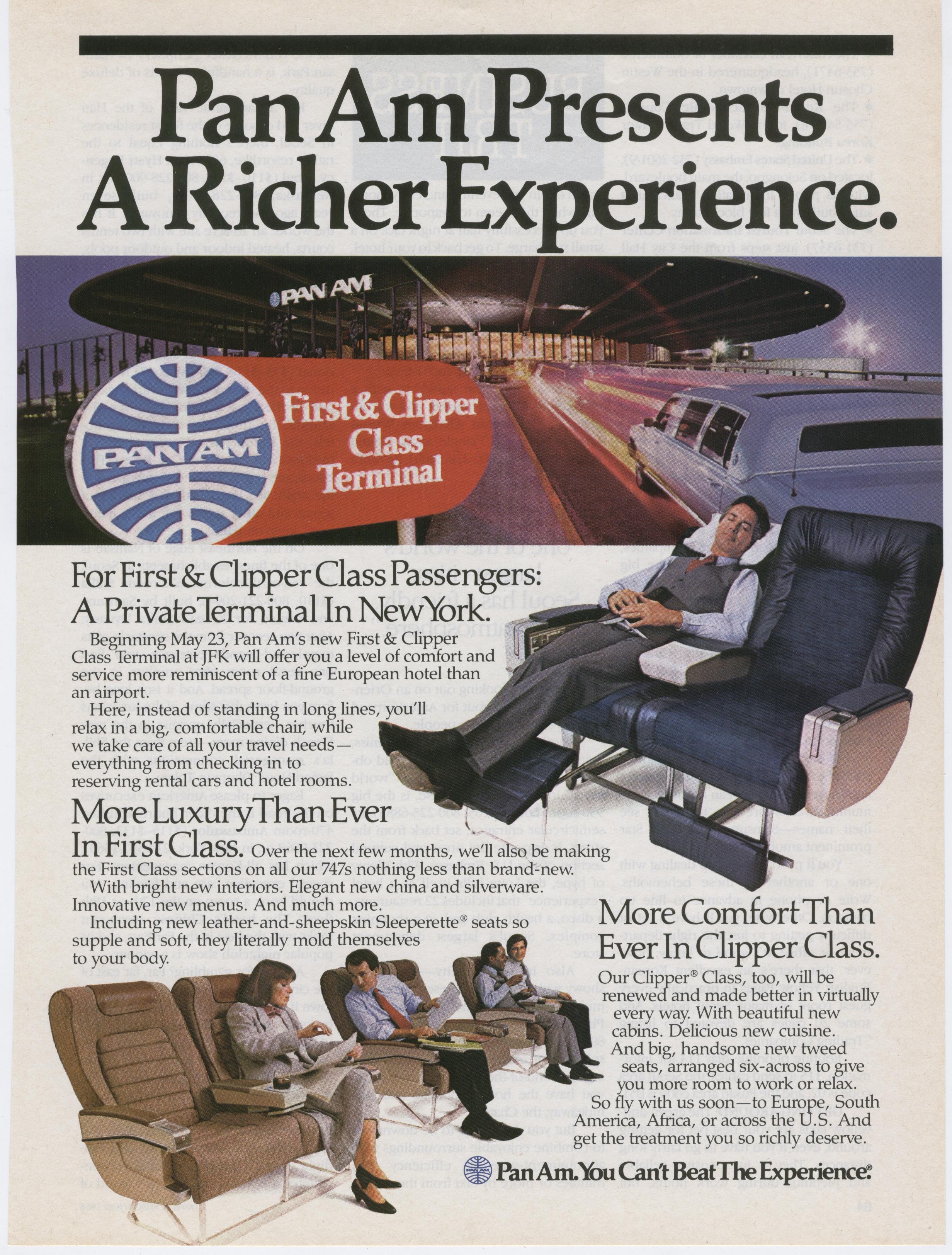 1986 An ad promoting Pan Am's First & Business Class seats and the premium check-in terminal at JFK.